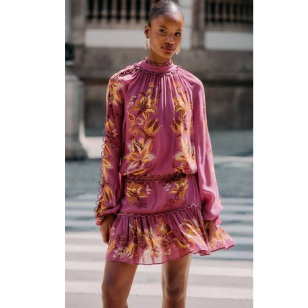 Farm Rio Elegant Delicate Chintz Ruffled Mini Dress Whimsy Soft Pink